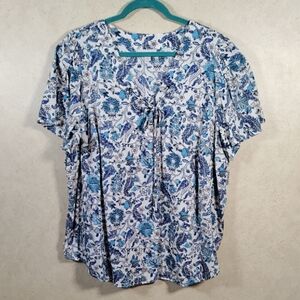 2/$10 04167 Knox Rose blue & tan cotton floral print S/S blouse XXL NEW